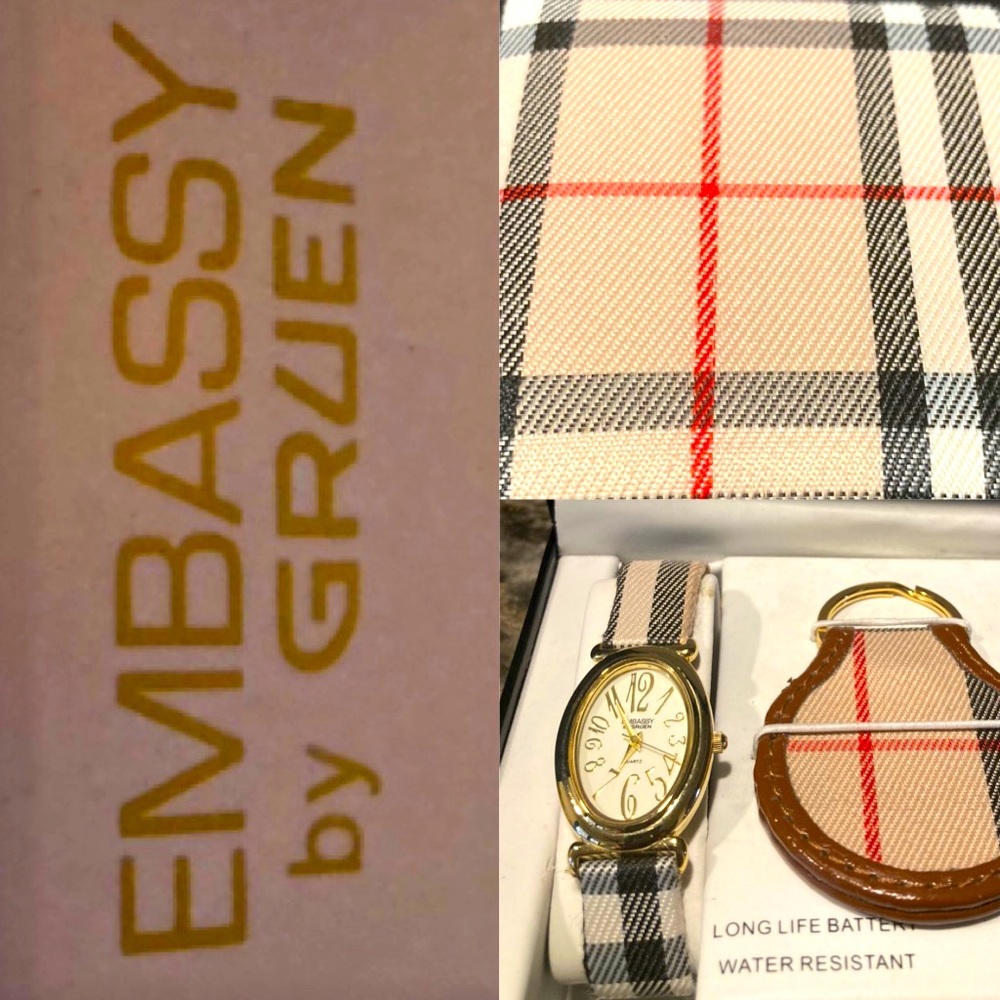 NIB Embassy Gruen Plaid Watch & Matching Keychain